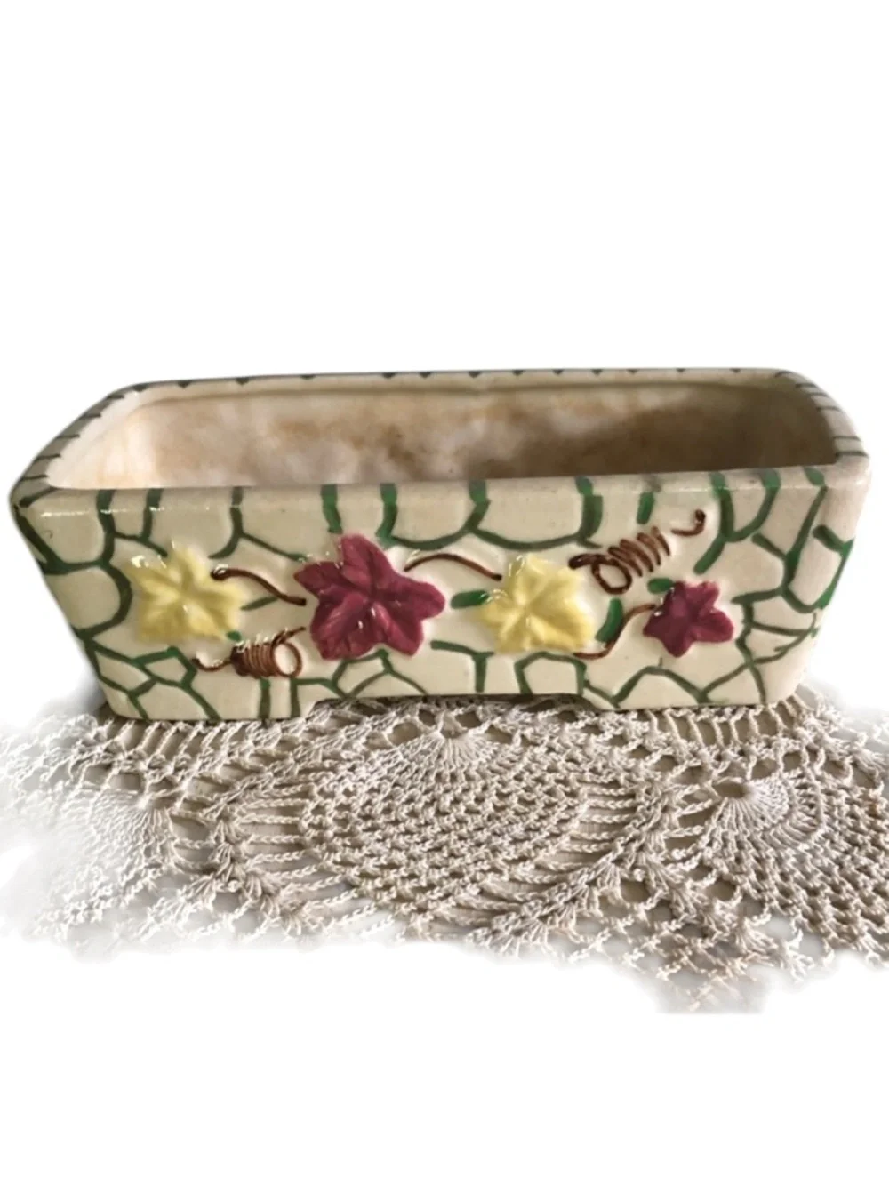 Vintage Ceramic Planter w Ivy & Stone Wall Motif